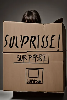 Cardboard box in a dark room with "surprise" on the front surface and the top flaps slightly lifted and a clawed hand just visible