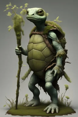 Humanoid tortle, standing upright, old, unfriendly, weathered,weeds and vines growing on body, shell covered in moss, carrying a staff in hand, wearing torn rags.