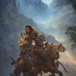 A painting of a cougar skin covering a man warrior with full armor, blue and white, Inka jungle background, highly detailed, digital painting, Artstation, concept art, matte, sharp focus, illustration, dramatic, cinematic sunset, hearthstone, art by artgerm and greg rutkowski and alphonse mucha