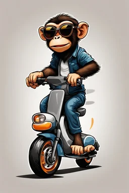 Monkey riding on a scooter making a wheelie with sunglasses on, cartoonize, logo