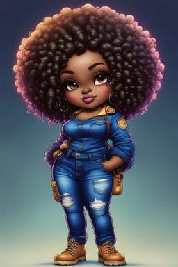 vibrant psychedelic pop punk image, airbrush, 48k, cartoon art image of a plus size chibi dark skinned Black female wearing a sapphire blue jean outfit with timberland boots. Prominent make up with brown eyes and lush lashes. Highly detailed tight curly ombre afro