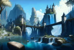 gothic town with waterfall, bridges, trees, next to lake, rocks, with blue sky