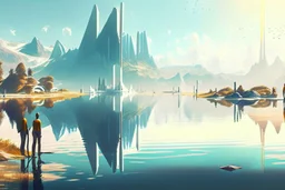 Sunny day, distant modern city, lake, lake reflections, people, mountains, sci-fi