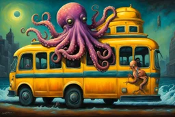 Surreal Octopus driving a school bus, by Michael Whelan, by John jude Palencar, surreal horror art, alcohol oil painting, reactive UV dark colors, maximalist, palpable textures, distressing hues, Palencar's distinctive visceral style, detailed line work, rich sharp colors.