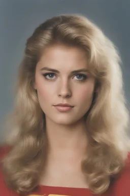 1980's yearbook photo, teenage girl, 18 years old, blonde hair, 80's hairstyle, Supergirl, photorealistic, --ar 9:16 --style raw