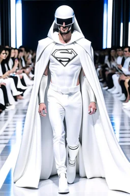 Superman on a fashion runway futuristic Style street wear white tones