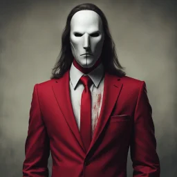 a sinister figure wearing a red suit with a red tie with no face and dirty hair