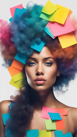 a half body portrait of a woman as made of post-it of different colors, half body submerged in post-it, natural hair with post-it inside, natural body posture, Art by Alberto Seveso, symmetrical, abstract artstyle, intricate complex watercolor painting, sharp eyes, digital painting, color explosion, concept art, volumetric lighting,TanvirTamim, metallic reflections, 2d render, by artgem, trending on artstation, UHD, HDR raw photo, realistic, sharp focus, 8K high definition, insanely detailed