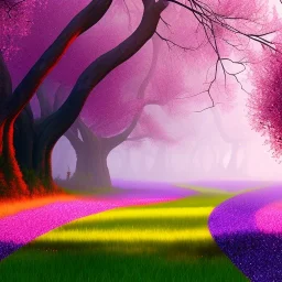 Trees growing pink and purple leaves,glitter, fog, willow, forest, beautiful, magic