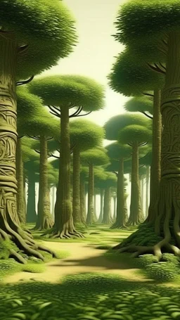A green forest with giant trees designed in ancient Egyptian pottery