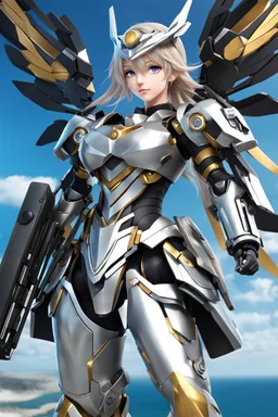 Front view excited realistic HD photograph,beautifull angel mechines,realistic photo beautiful anime digital human anime woman,full body,mechanical armor silver chromecast shine.style: details digitalphoto