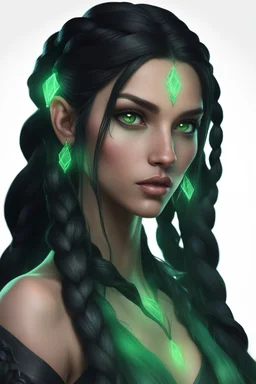 Hexblood warlock female. Lightly tanned skin. Long, thick, silky jet-black hair reaching her waist, with a center part and two loose Dutch braids starting at her temples, flowing into the rest of her straight hair. A few soft strands frame her face. Bright glowing pale emerald-green eyes. Delicate facial features, full lips, high cheekbones and a soft mischievous smile. Subtle dark vine-like markings across her neck and collarbone. Mysterious, elegant, realistic dark fantasy, cinematic l