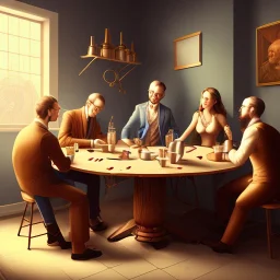 five friends, two men, three women, coffee laboratory, sitting, table, drinking, coffee