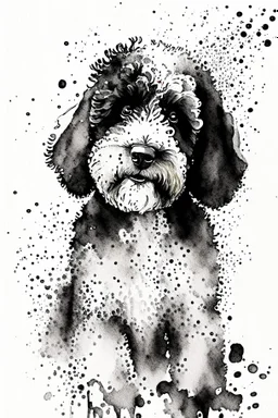 Abstract wet watercolour of a black and white bernadoodle, ink lines, splashy background detailed,focus on eyes, watercolour paper
