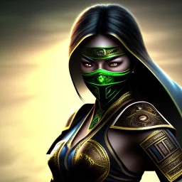 jade, mortal kombat, face, smile, dark skin color, dark ninja mask, black hair, brown eyes closed, woman