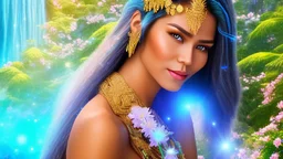 Photo realistic portrait of a gorgeous smiling skinny polynesian goddess with a golden dark shining skin, long smooth clear turquoise blue white hair, blue eyes, in a sci-fi outfit with luminous strikes blowing a kiss in a hill of flowers with sakura trees, a waterfall, a crystal palace, loads of mini flowers, moss, sun rays through the branches, particles in the air at spring