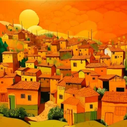 An orange colored town with battery-shaped buildings painted by Vincent van Gogh