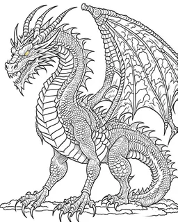 coloring image of full body dragon, line art, realistic, white background