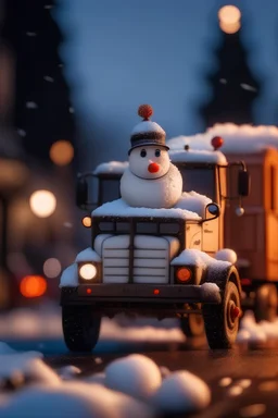 snowman transported on a huge lorry, zeiss prime lens, bokeh like f/0.8, tilt-shift lens 8k, high detail, smooth render, down-light, unreal engine, prize winning