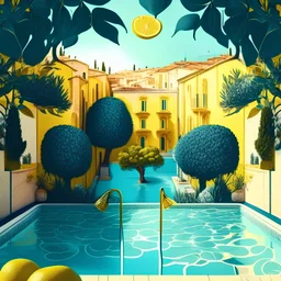 Design a captivating wallpaper featuring a swimming pool, a vibrant cityscape, and a lemon tree