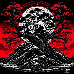 ying yang aesthetic, Panda under a dark bonsai tree silhouette, by David Seidman, Noir, fantastical oil matte painting, creepy, fung shui flow, epic masterpiece, violent colors, melting crimson tones, white and black colors.