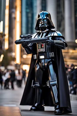 Excited Photography Close Up Full body A picture cyber mechines dart Vader,with surface coated chrome polished details, city background