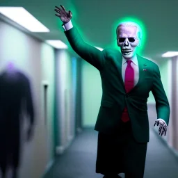 Ultra realistic image, joe biden zombie, zombie performance, skull, grey glow eyes. green blood, torn arm, night, walking twisted, waist up view, thriller style, dark ambient, highly detailed, White House background, concept art, unreal engine 5, god rays, ray tracing, RTX, lumen lighting, ultra detail, volumetric lighting, 3d, finely drawn, high definition, high resolution.