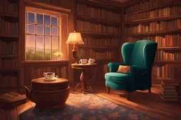 cup of tea in a cozy library with cozy chairs, warm lighting, cottage, cottagecore, illustrated painting