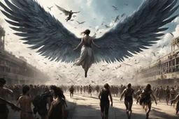 View of a modern Elysium with winged females flying over people running away in fear