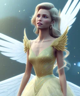 A crystalised queen, atmospheric, realistic, unreal engine, cinematic lighting, octane render, transparent long dress, blonde, full body, wings, smile, long hair