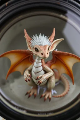 The image depicts a fantastical gremlin duck snow soup, specifically a dragon, with a unique and whimsical appearance. The dragon is positioned in a circular frame, which suggests it might be inside a container or a vessel. The dragon's body is elongated and has a segmented appearance, with a detailed texture that gives it a realistic look. Its head is covered with white, spiky hair, adding to its fantastical charm. The dragon's wings are large and spread out, with orange and white hues.