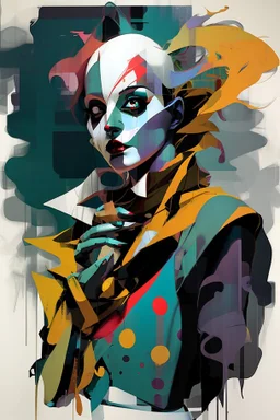 Digital Art of merry harlequin embodying the essence of merriment in a , minimalist approach, influenced by Luis Miranda, Jeremy Mann, Jeffrey Catherine Jones, blends conceptual art with elements of painting and illustration, somber tones, fragmented souls, shadow play, diffuse textures, abstract forms, digital painting, high conceptuality, palette inspired by Jeffrey Catherine Jones, golden ratio composition, fine detail, cinematic lighting.