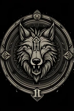 Design a logo for the clothing brand 'J H' with a Viking theme. The logo should feature a detailed illustration of a wolf's head, where runes are organically integrated into the wolf's fury, symbolizing ferocity and power. Ensure to experiment with different fonts and rune styles for the letters of the brand name 'J H,' so that they harmoniously blend into the overall logo without distracting from the wolf's head. Additionally, consider using a dark background to make the wolf's head and runes s