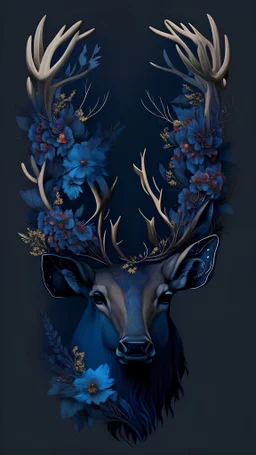 deer head with a lot of flowers on the horns dark blue colors