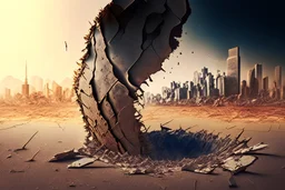 human design, breaking down into pieces, cinematic image, 16K, side close-up. In the background of the image, land cracked by drought and a city destroyed by