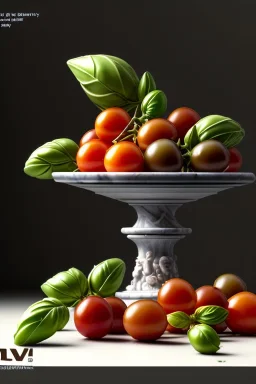 Italian Renaissance style still life consisting of a plate of Italian ravioli with natural cherry tomato and basil accompanied by olives, moisture ambient, natural ornaments, ceramic, marble, high kitchen, smooth, god rays, unreal engine 5, ray tracing, RTX, lumen lighting, ultra detail, volumetric lighting, 3d.