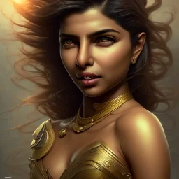 priyanka chopra, cute, beautiful, long hair, black eyes, head and shoulders portrait, cinematic, 8k, resolution concept art portrait by Greg Rutkowski, Artgerm, WLOP, Alphonse Mucha dynamic lighting hyperdetailed intricately detailed ,golden hour, face closeup ,hot goddess