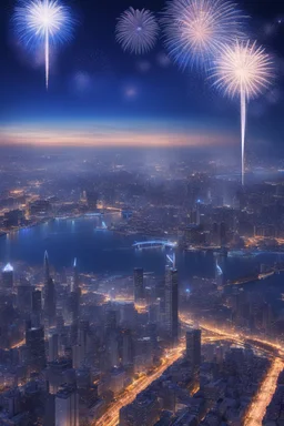 A huge city with blue fireworks over the skyine. beautiful night