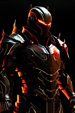 Jet black armor with gold highlights. Is a mix of futuristic and medieval, with glowing red eyes and tron lines. Also has pieces of red cloth around the body with a red cape.