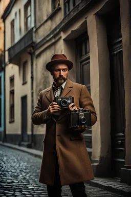 a man in vintage clothes stands in a street with a vintage photo camera in his hand, taking a picture. Background old-fashioned cobblestones and houses in the Berlage style, portrait. Award winning photography illustration dynamic lighting 8k, award winning fantastic view , colourful Nikon850