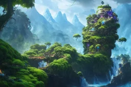 Art by Dylan cole and Eddie mendoza and darek zabrocki, Avatar concept art, pandora, hovering island with waterfall, magnificent landscape, ultra-wide angle, ultra realistic, digital painting, 8 k uhd, dynamic lighting, beautiful, sharp focus, ultra detailed, concept art