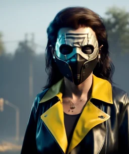 A badass Sofia Buttela wearing a scream mask, atmospheric, realistic, yellow leather trench coat, unreal engine, cinematic lighting, octane render.