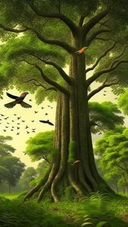 Jungle birds flying around big tall tree