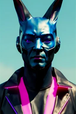 Medium Close Up Portrait, Front image. cyberpunk, rabbit mask, sweet woman, black hair and beard. latex suit army. Pink, black, blue, color. Cyberpunk style. Color background, photo studio. Avatar image, highly detailed, concept art, smooth, unreal engine 5, ray tracing, RTX, lumen lighting, ultra detail, volumetric lighting, 3d, finely drawn, high definition, high resolution.