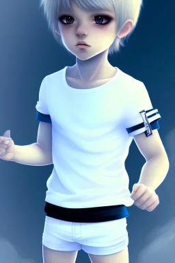 Shota, cute, white top, blue shorts, black socks