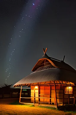 a thatched hut and a lamppost by it under starry sky