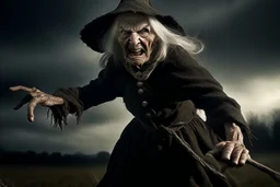 A captivating image of a attacking angry Old female witch, poised on a vast field with a stark contrast between light and dark, conveys a powerful sense of tension. In this expertly captured photograph, the predatory animal stands tall, its muscular frame oozing strength and dominance. The sharpness of every detail accentuates the creature's primal aura, from its razor-sharp teeth and piercing eyes to its sleek, glossy fur.