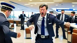 very focused image of upset plain dressed man told to leave airport lounge by officer