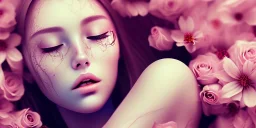 girl buried in flowers, dead, beautiful, eyes closed, laying down, close up