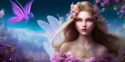 bright fairy, beautiful portrait, flowery landscape